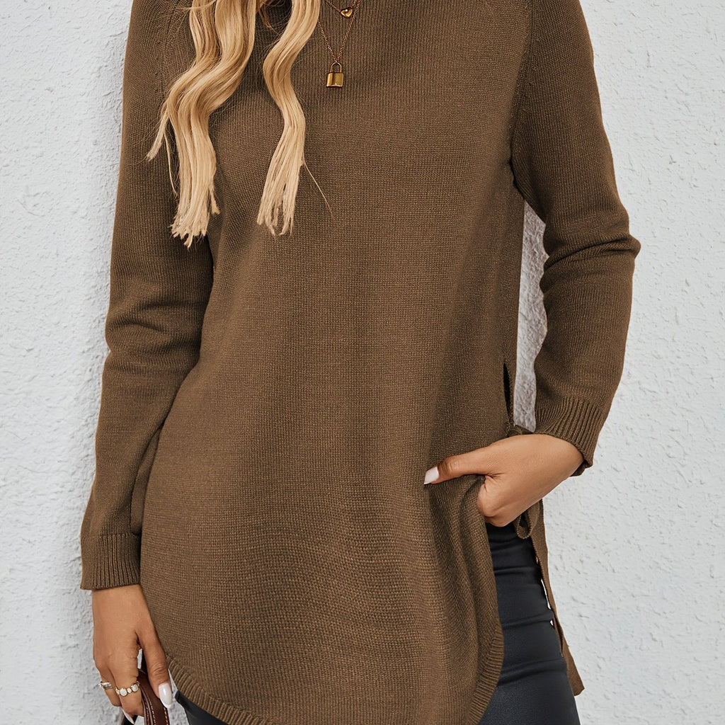 Knit Relaxed Fit Round Neck Longline Jumper with Side Slits for Women | Autumn