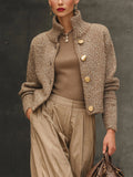 Brown Structured Knit Button Front Cardigan with High Neck for Women | Knitwear