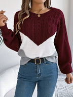 Colour Block Cable Knit Round Neck Long Sleeve Jumper for Women | Autumn Winter