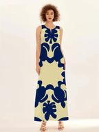 Blue Floral V-Neck Sleeveless Swing Maxi Dress for Women | With Pockets