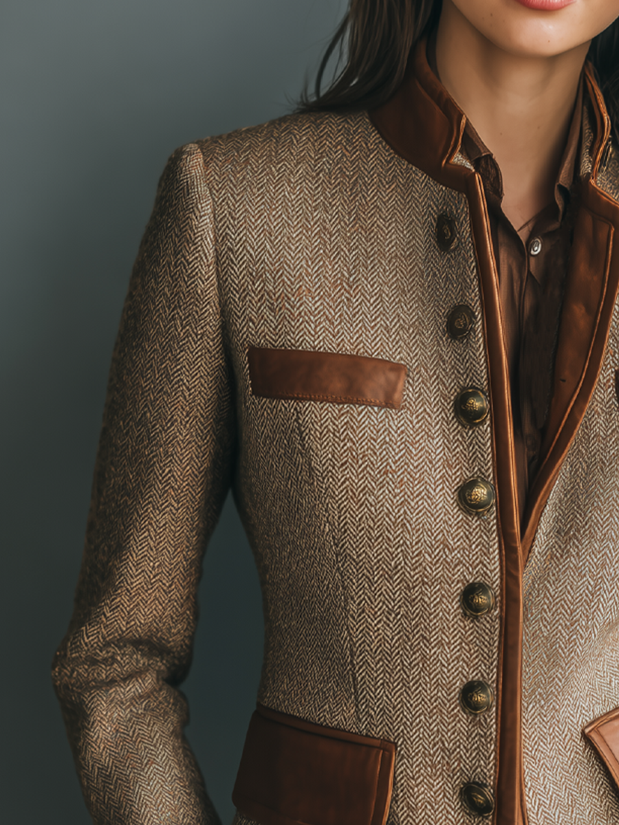 Brown Vintage Tweed Style Fitted Jacket with Braid Trim and Pockets for Women