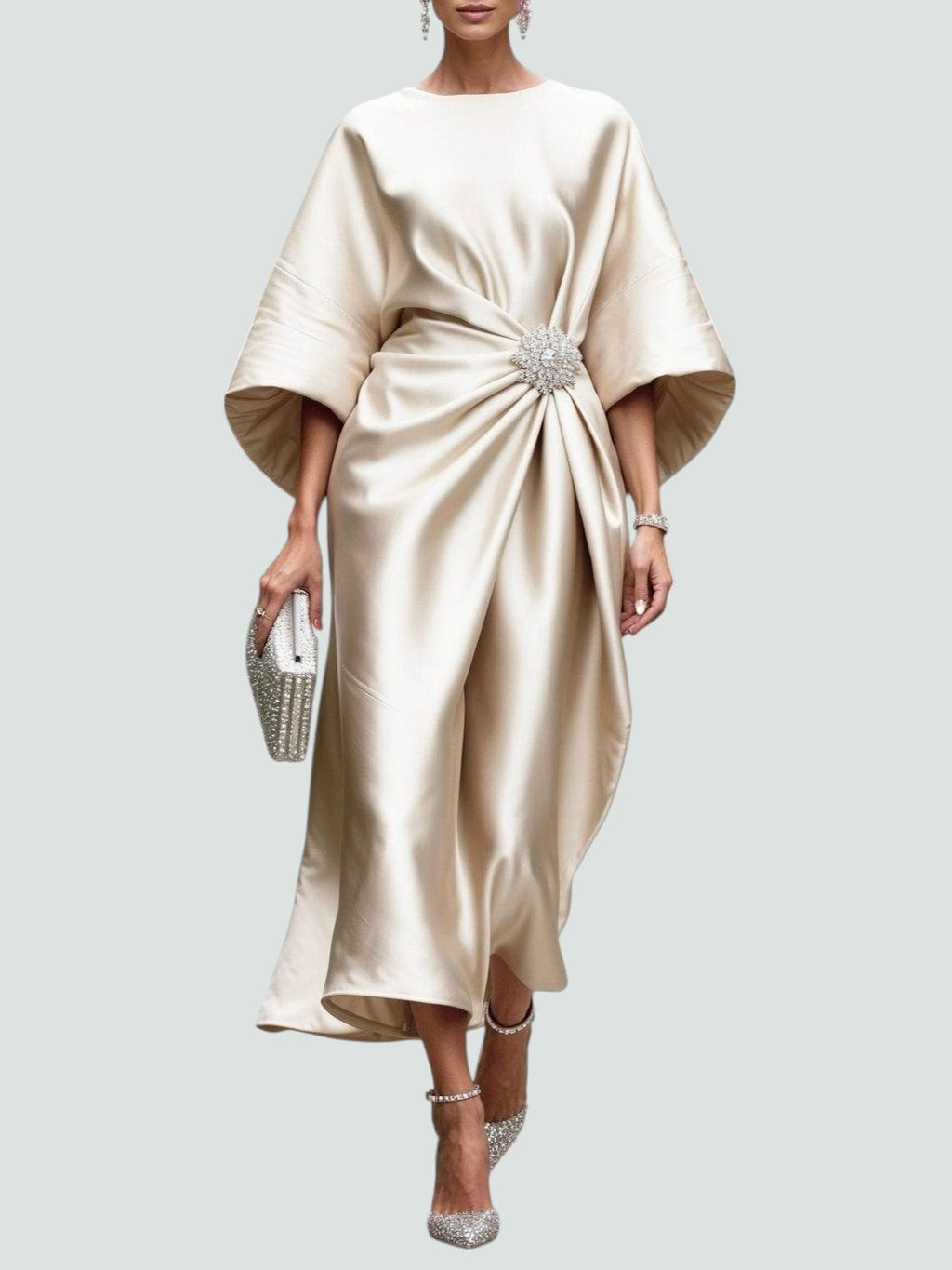 Draped Boat Neckline Cape Sleeve Maxi Dress for Women | Formal Occasion Gown