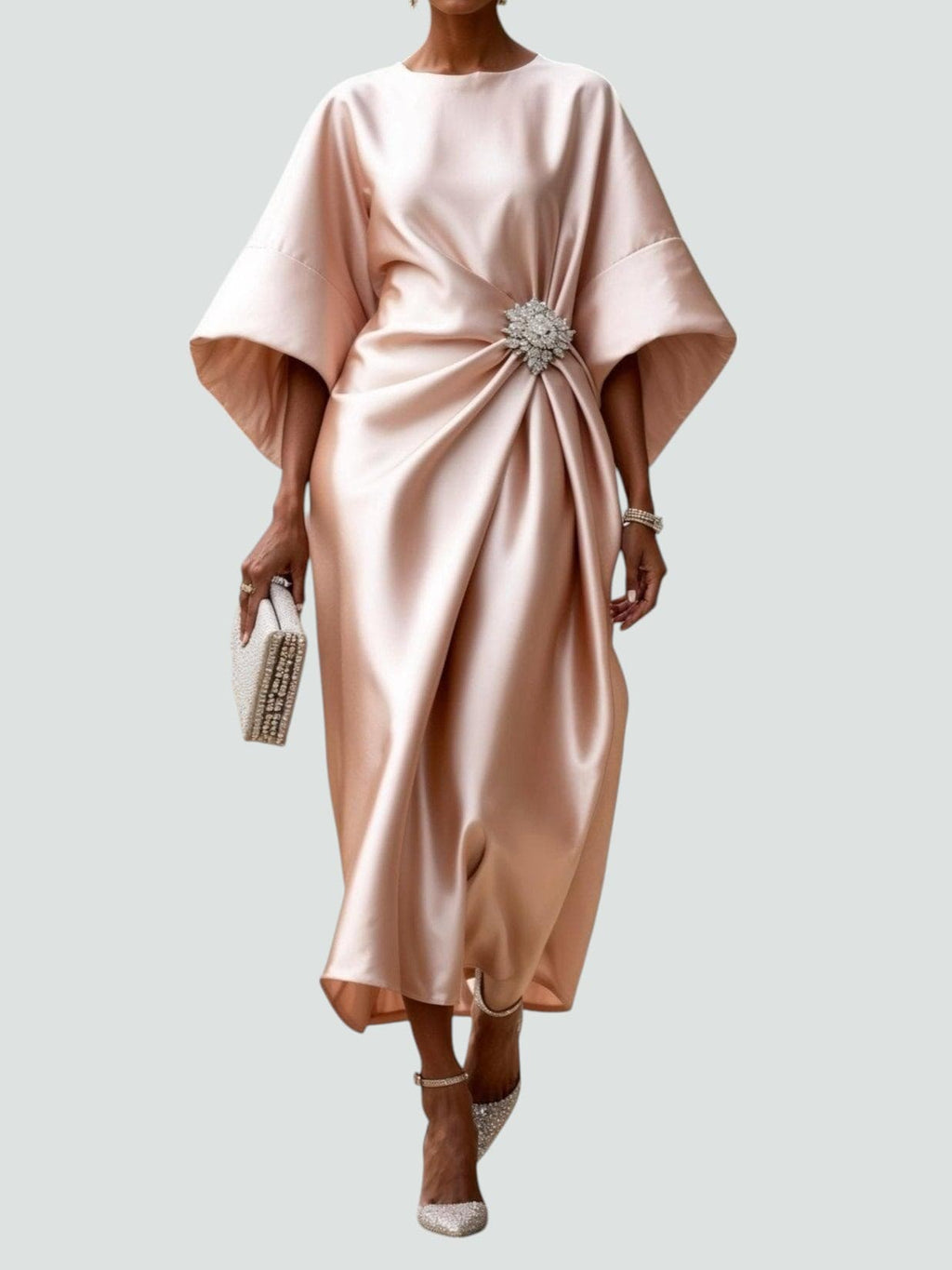 Draped Boat Neckline Cape Sleeve Maxi Dress for Women | Formal Occasion Gown