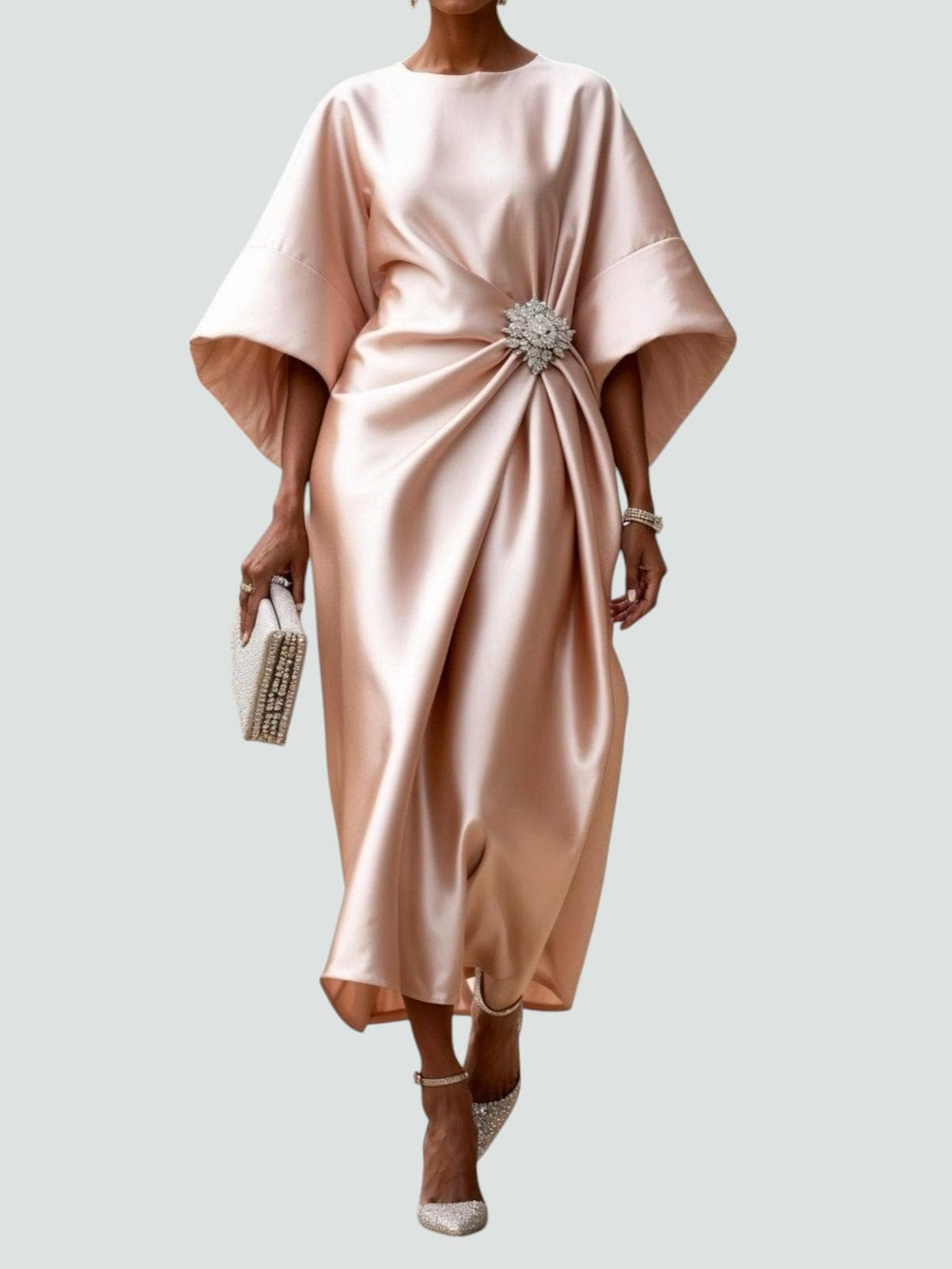 Draped Boat Neckline Cape Sleeve Maxi Dress for Women | Formal Occasion Gown