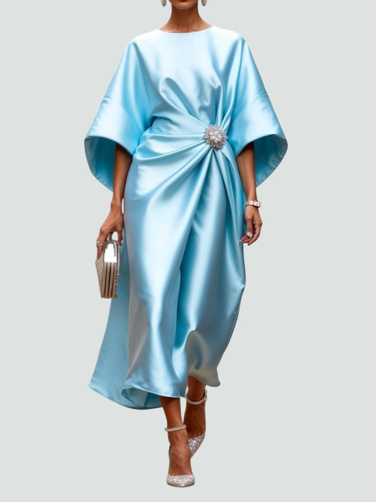 Draped Boat Neckline Cape Sleeve Maxi Dress for Women | Formal Occasion Gown