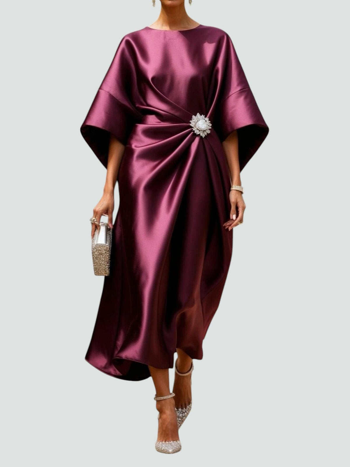 Draped Boat Neckline Cape Sleeve Maxi Dress for Women | Formal Occasion Gown