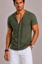 Linen Short Sleeve Shirt for Men with Button Front and Ribbed Texture