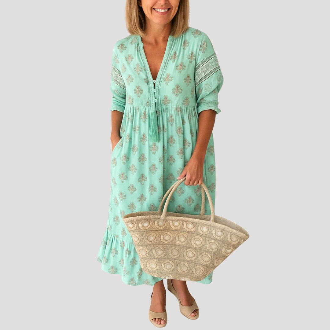 Women Midi Dress | Loose fit with V-neck and side pockets