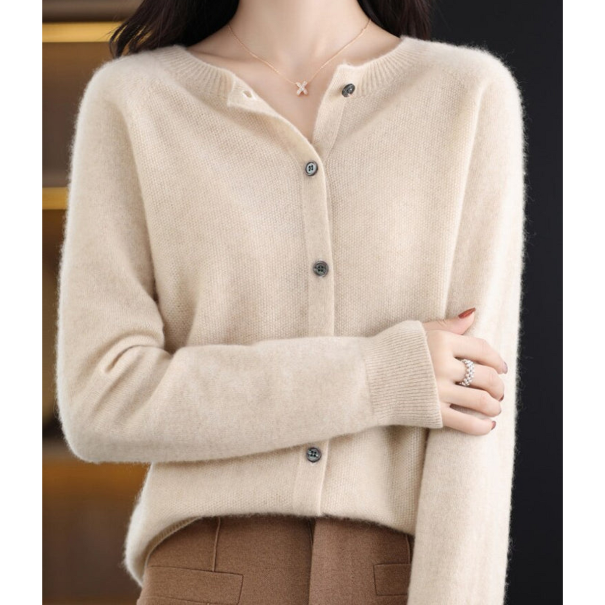 Merino Wool Cashmere Blend Round Neck Button Cardigan for Women | Winter Knit
