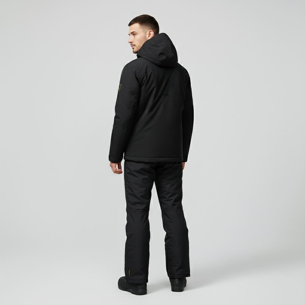 Black Hooded Ski Jacket and Trousers Set for Men | Two Piece Snowboard Outfit