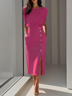 Round Neck Midi Dress with Button Slit Detail for Women