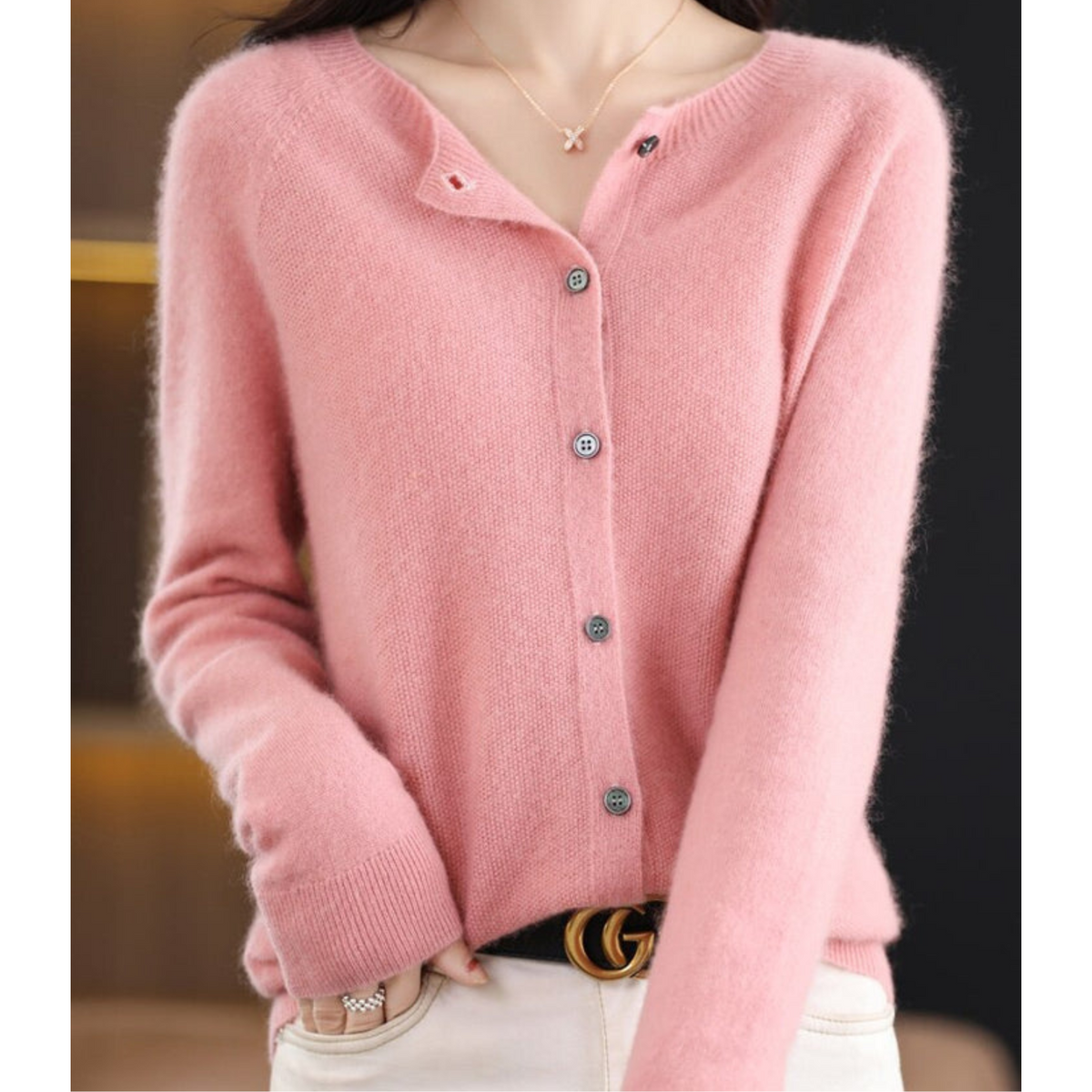 Merino Wool Cashmere Blend Round Neck Button Cardigan for Women | Winter Knit