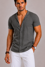 Linen Short Sleeve Shirt for Men with Button Front and Ribbed Texture