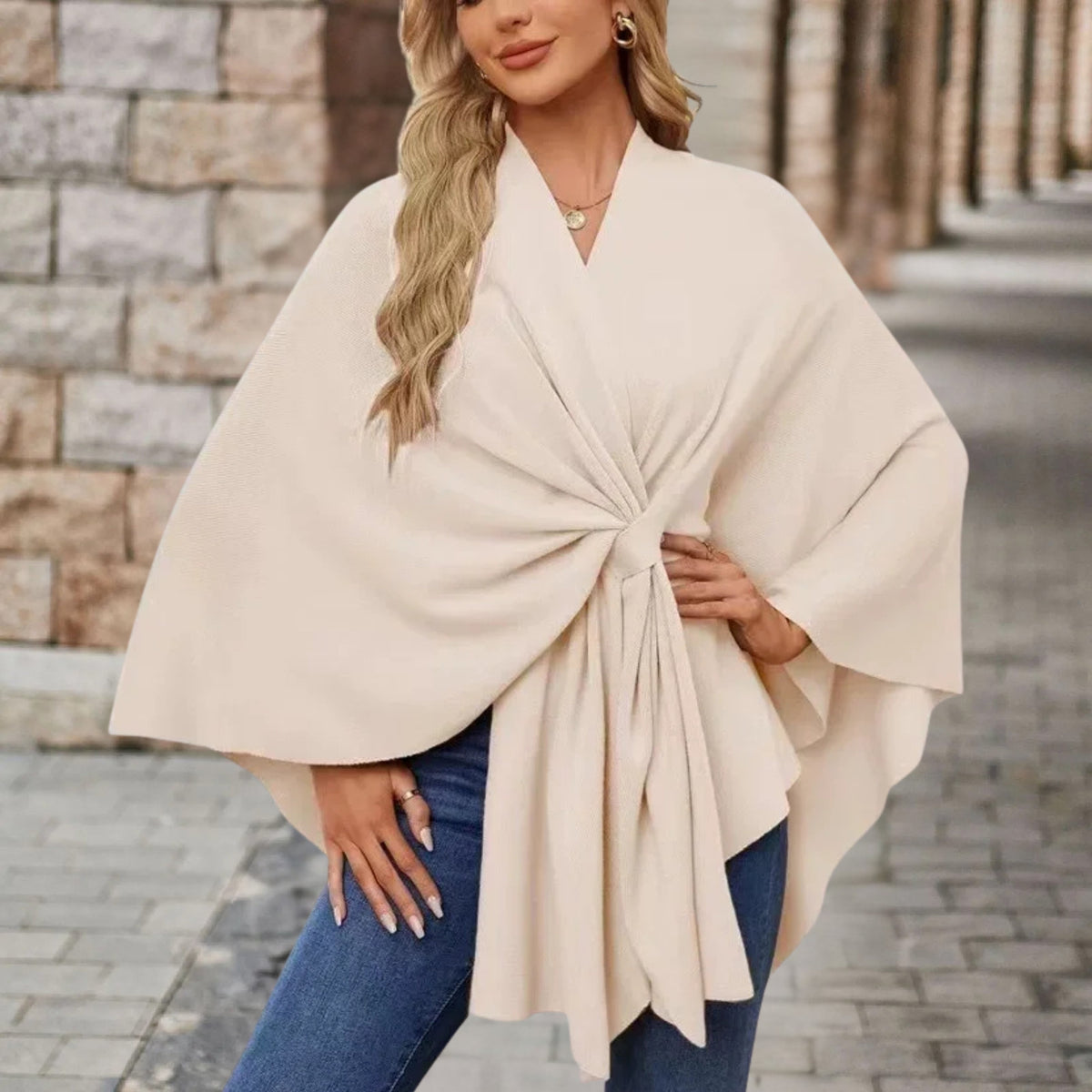 Lightweight Loose Fit Open Poncho with Front Knot Detail for Women | Casual Wear