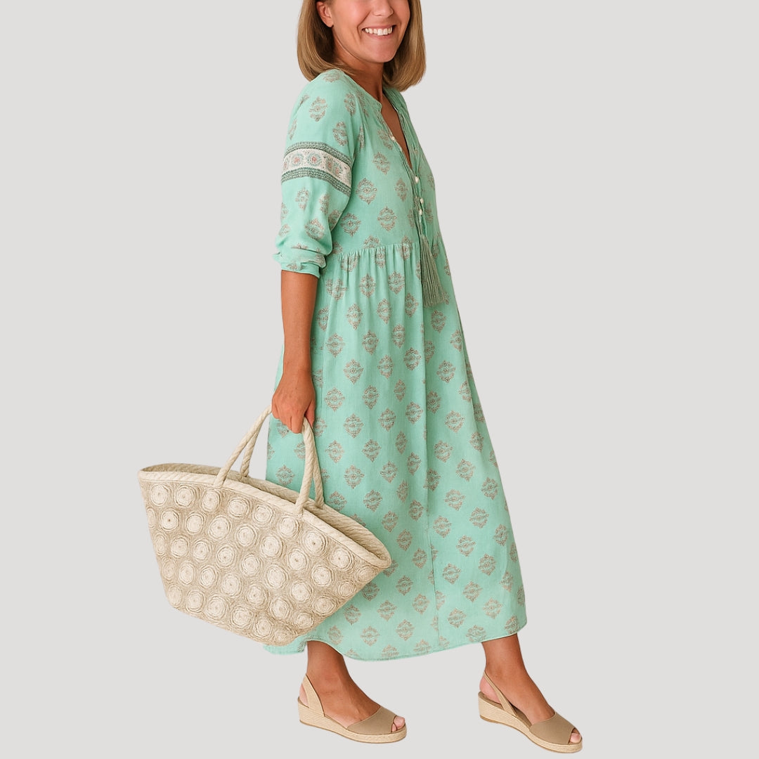 Women Midi Dress | Loose fit with V-neck and side pockets