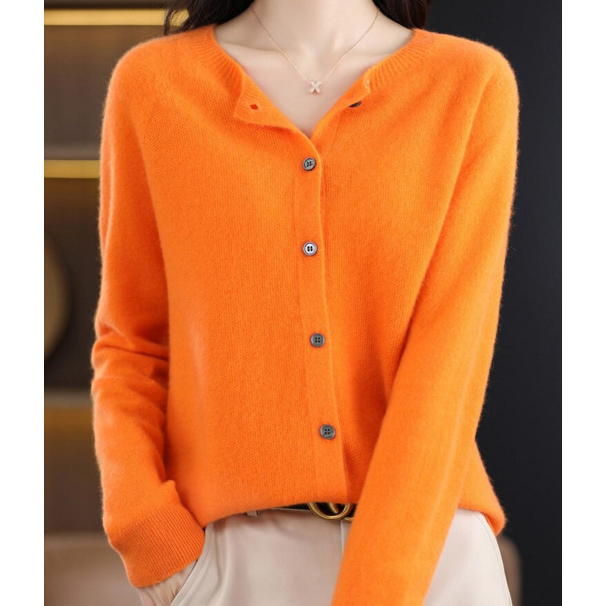 Merino Wool Cashmere Blend Round Neck Button Cardigan for Women | Winter Knit