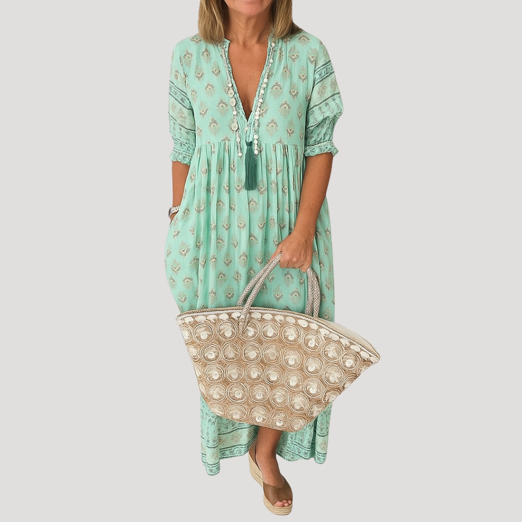 Women Midi Dress | Loose fit with V-neck and side pockets