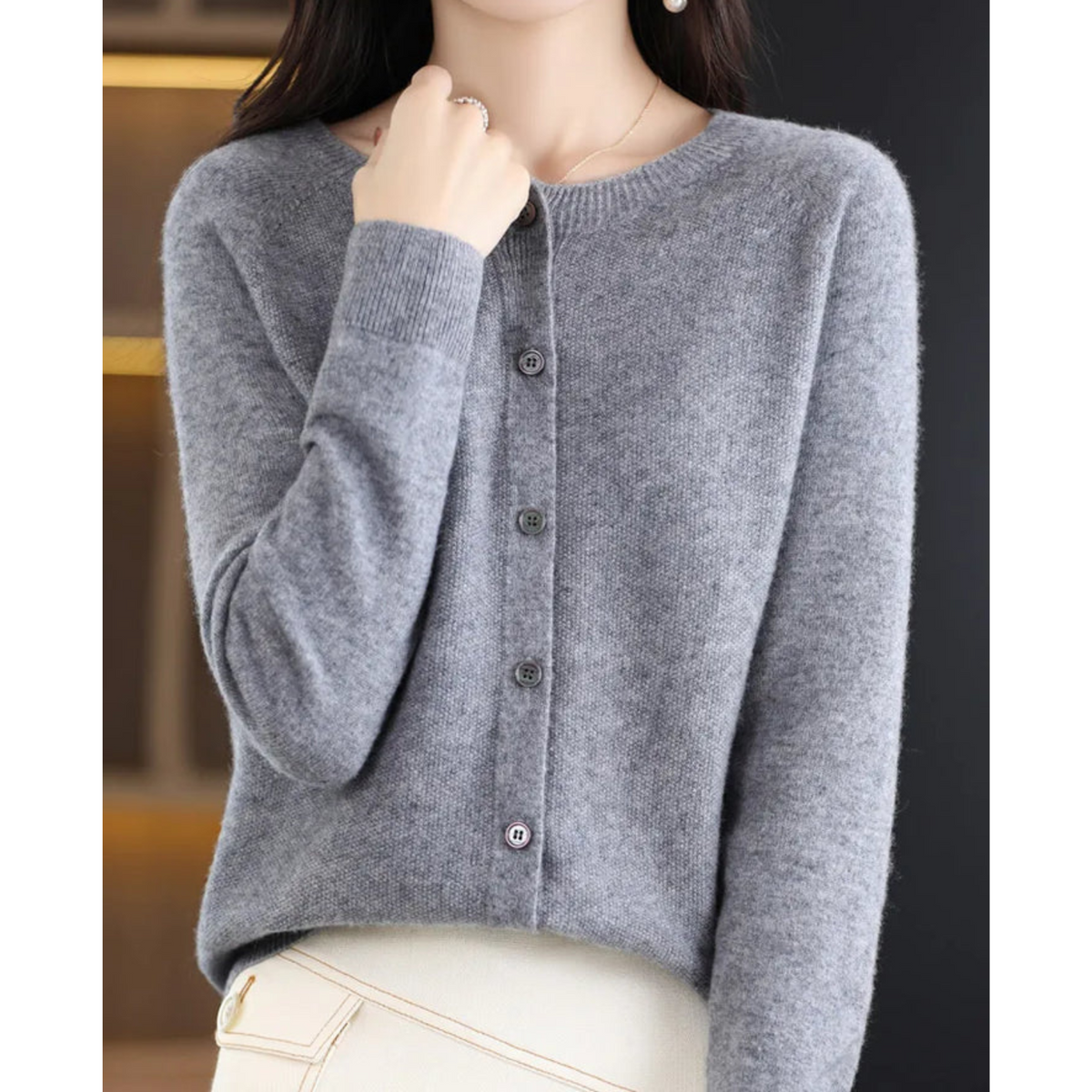 Merino Wool Cashmere Blend Round Neck Button Cardigan for Women | Winter Knit