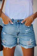 Blue Ripped Denim Shorts for Women | Regular Fit Button Zip Closure
