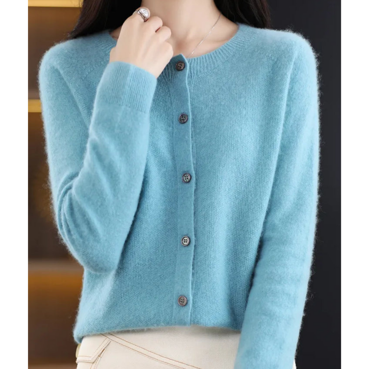 Merino Wool Cashmere Blend Round Neck Button Cardigan for Women | Winter Knit