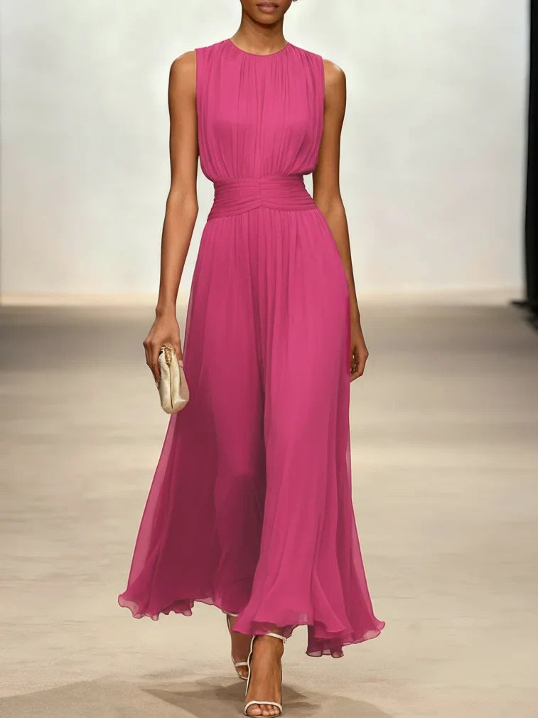 Sleeveless Ruched A-Line Chiffon Maxi Dress for Women | Wedding Guest