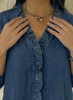 Denim V-Neck Ruffled Shirt for Women | Relaxed Fit Top