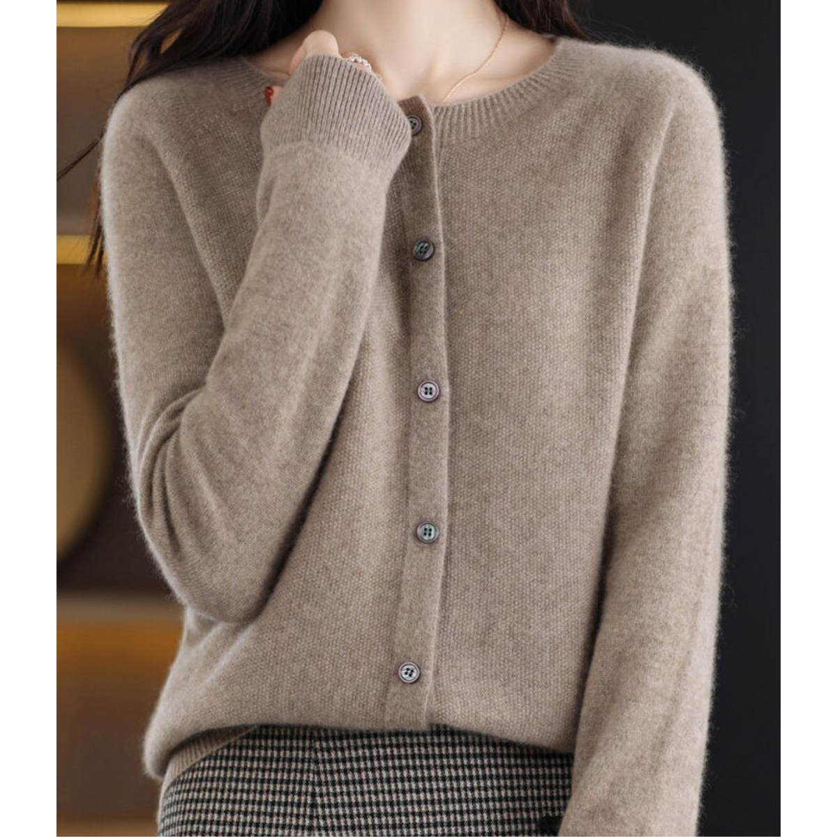 Merino Wool Cashmere Blend Round Neck Button Cardigan for Women | Winter Knit