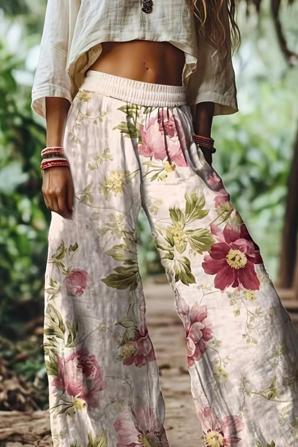 Floral Print Cropped Wide Leg Trousers for Women