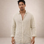 Linen Regular Fit Long Sleeve Open Collar Shirt for Men