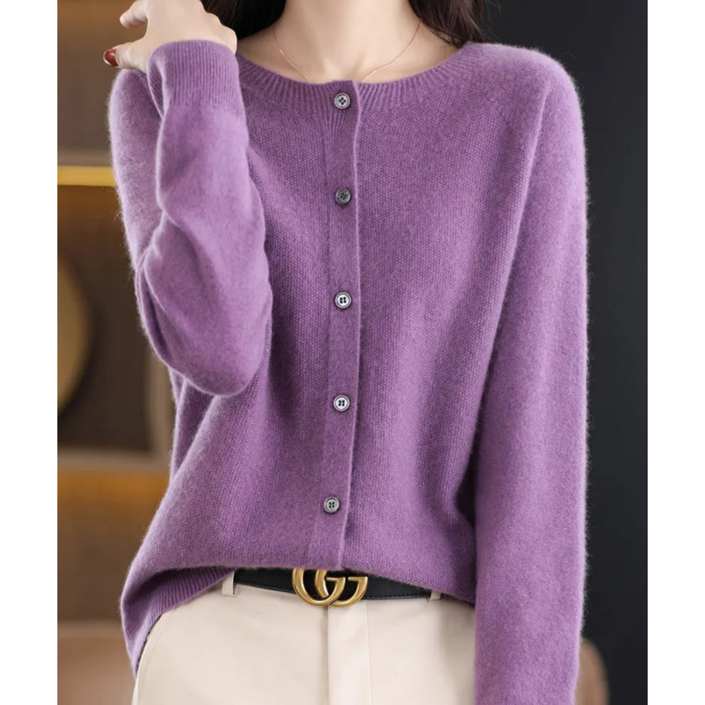 Merino Wool Cashmere Blend Round Neck Button Cardigan for Women | Winter Knit