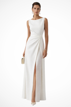 White Boat Neck Draped Waist Maxi Dress for Women | Wedding Guest