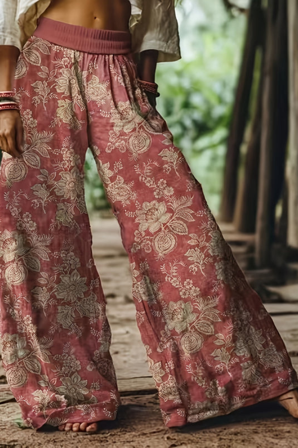 Floral Print Cropped Wide Leg Trousers for Women