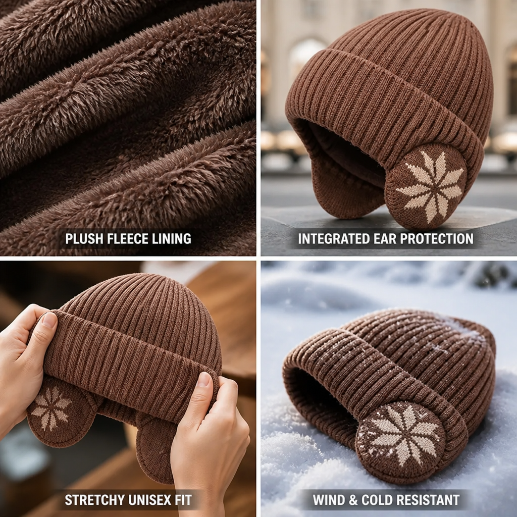 Fleece Lined Ribbed Knit Winter Beanie Hat with Ear Flaps for Men | Cold Weather