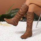 Flat Slouch Knee High Buckle Boots with Side Zip and Round Toe for Women