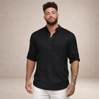 Linen Regular Fit Shirt for Men with Stand Collar and Long Sleeves