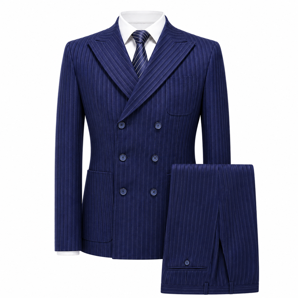 Navy Blue Tweed Double Breasted Three Piece Suit for Men | Wedding Occasion