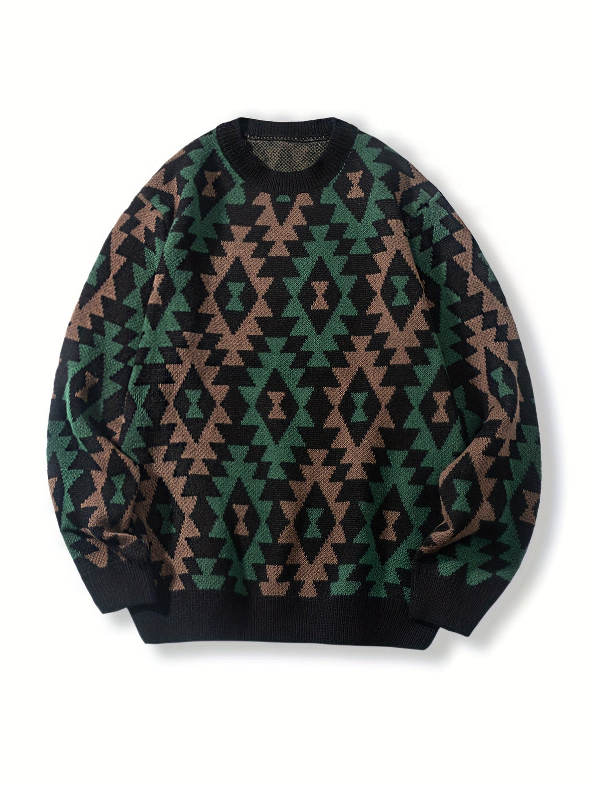Black Geometric Pattern Relaxed Fit Knit Jumper with Ribbed Cuffs for Men