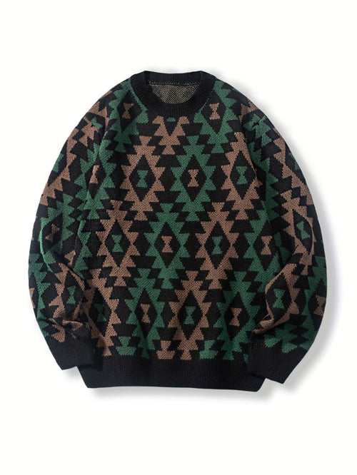 Black Geometric Pattern Relaxed Fit Knit Jumper with Ribbed Cuffs for Men