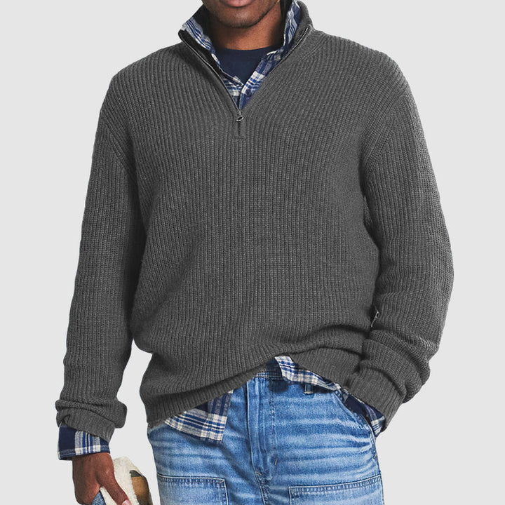 Cashmere Ribbed Quarter Zip Regular Fit Jumper with Raised Collar for Men