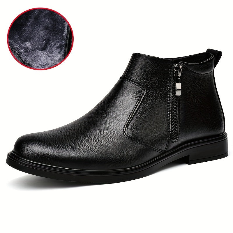 Black Side Zip Ankle Boots with Warm Plush Lining for Men | Winter Wear