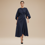 Wide Sleeve Wrap Midi Dress for Women | Belted V-Neckline