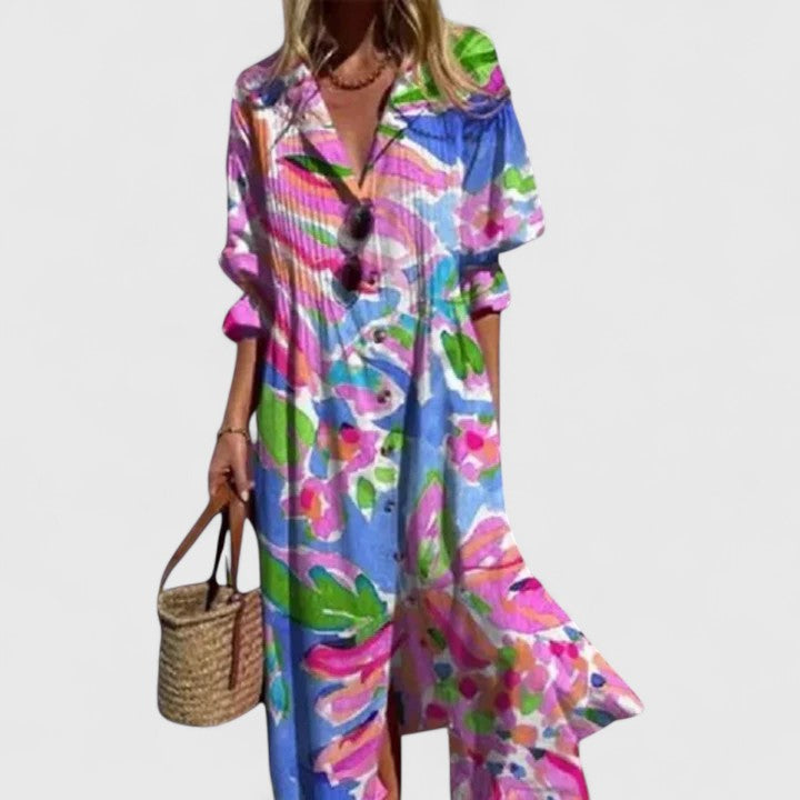 Leaf Print Maxi Shirt Dress for Women | Floor-Length Boho Style