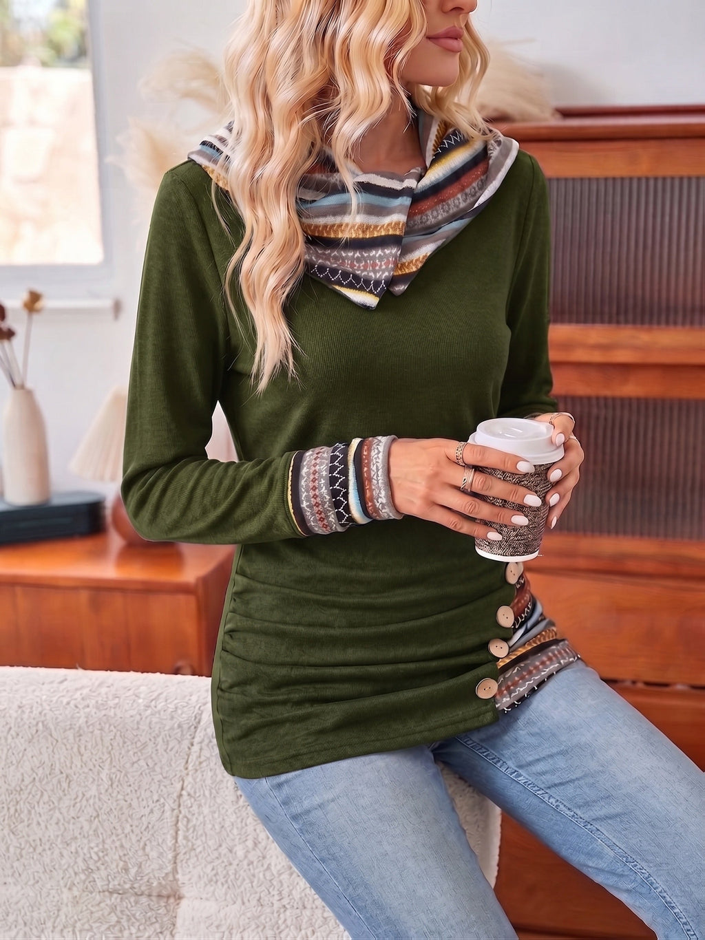 Patchwork Hoodie with Striped Trim and Side Ruching for Women | Casual Wear