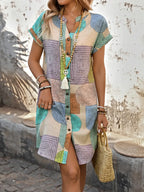 Boho Button-Front V-Neck Mini Dress for Women