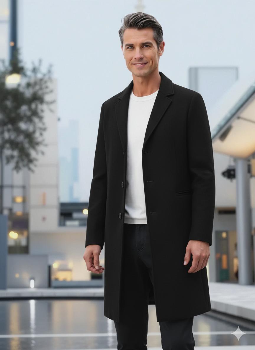 Notch Lapel Long Wool Overcoat for Men | Winter Business Style