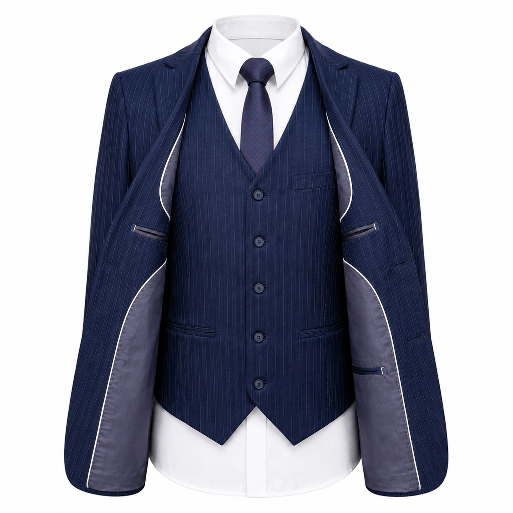 Navy Blue Tweed Double Breasted Three Piece Suit for Men | Wedding Occasion