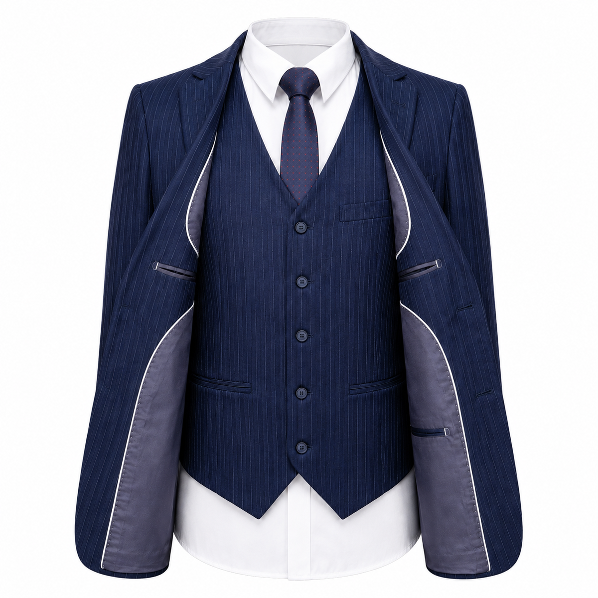 Navy Blue Tweed Double Breasted Three Piece Suit for Men | Wedding Occasion