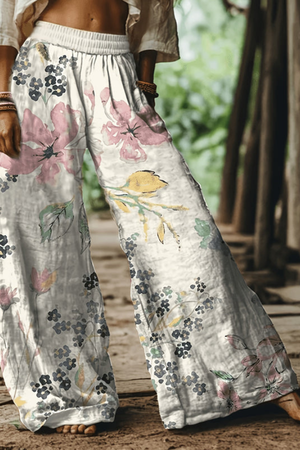 Floral Print Cropped Wide Leg Trousers for Women