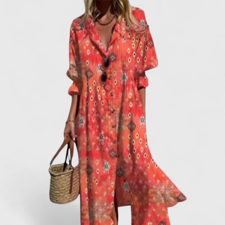 Leaf Print Maxi Shirt Dress for Women | Floor-Length Boho Style