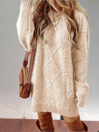 Diamond Cable Knit Round Neck Relaxed Fit Jumper Dress for Women | Autumn Winter